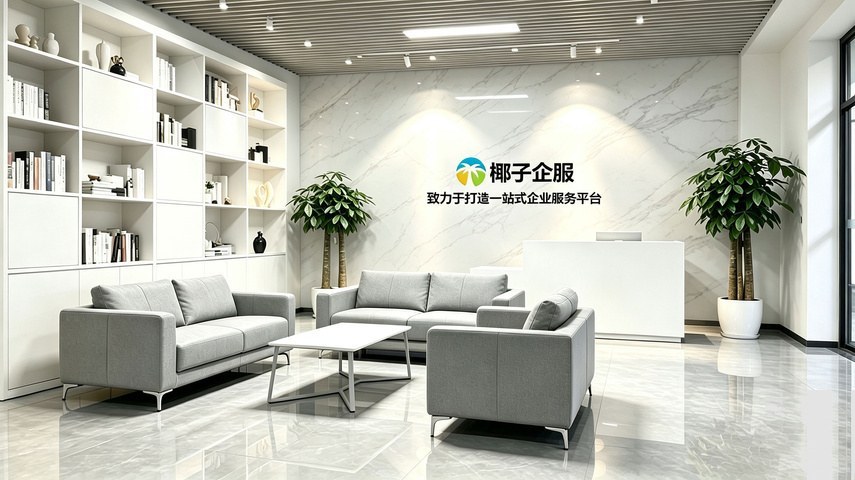椰子企服办公前台，墙面展示椰子企服品牌标识与一站式企业服务平台标语